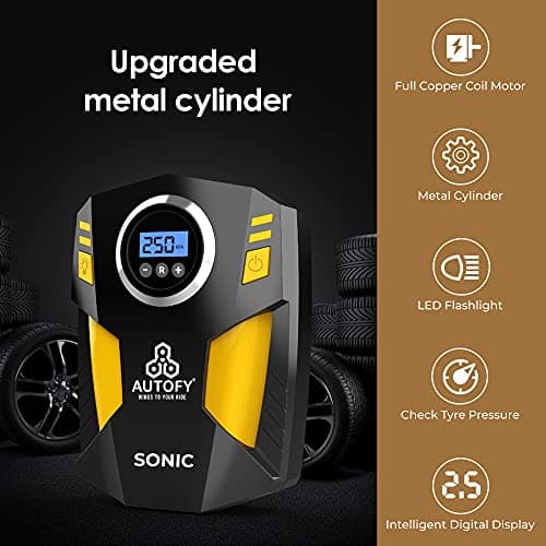 Autofy Sonic with AUTO Cut Digital Car Tyre Inflator 150PSi Portable Air Compressor Pump with Emergency LED Light (120W – with Copper Coil Motor & 22mm Metal Cylinder) 2