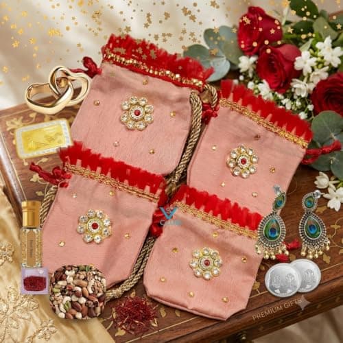 VS Club 12 Beautiful Gold Silver Coin Potli Pouches for Wedding, Baby Shower, Haldi, Mehendi | Shagun, Jewelry, Coin, Dry Fruit, Kesar Pouch Set | Premium Multi Pack (PITCH-12)