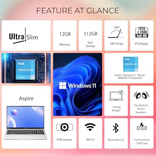 acer Aspire 3, Intel Pentium N6000, 12GB LPDDR4X RAM, 512GB SSD, HD, 15.6"/39.62cm, Windows 11 Home, Pure Silver, 1.5KG, A325-45, Thin and Light Laptop 2