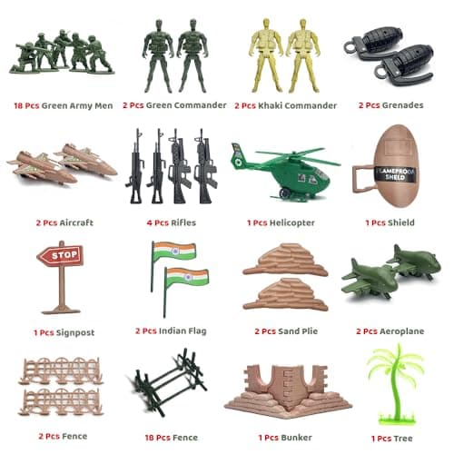 Army Military Series Toy Soldier Action Figures Playset, 60 Pieces with Helicopter, Aircraft, Tanks, Bunker, Indian Flags and Accessories, Made in India, with Storage Bag 3