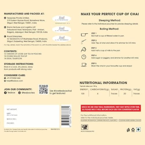 Teabox Authentic Indian Spiced Chai Trial Pack | 10 Unique Chai Blends × 30g/1.05 oz | 300g/10.58oz Total | No Artificial Flavors | Small-Batch Crafted 2