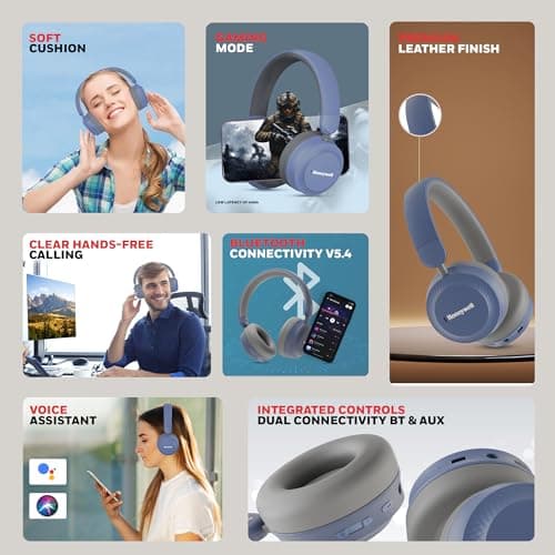 Honeywell Moxie V20 Bluetooth 5.4 Wireless On-Ear Headphones with Mic, ENC Noise Reduction, 25H Playback, Deep Bass, IPX4, AUX Support, 40ms Low Latency Gaming Mode, Stereo Sound, Padded Cushions 3