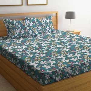 LOOMLYFE 300 TC Cotton Feel Glace Cotton Elastic Fitted Printed King Size Double Bed Bedsheet with 2 Pillow Covers Fits Upto 8 inches Mattress, Size- 72X78 Inches, Skyblueflowes