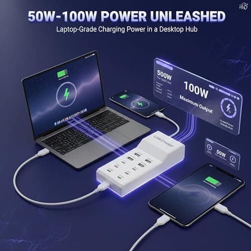 USB-C Charger Hub 50W–100W – 10-Port Desktop Charging Station with 6 USB-C & 4 USB Ports, High-Power Electric Charging Dock for Phones, Tablets & Batteries 5