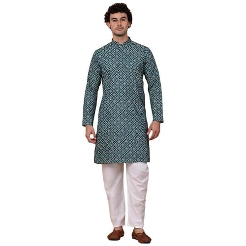 KRAFT INDIA Men Cotton Floral Gold Print Ethnic motif Green Knee Length Kurta With White Elastic Waistband Pyjama Set (Size- Small)
