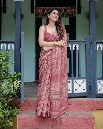 Kaugalian store Linen Cotton Traditional Printed Maroon Saree For Women With Unstitched Blouse Piece 2