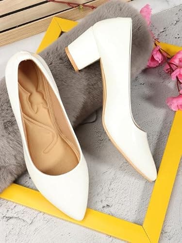 Buy Tale Women’s White Block Heel Pumps | Comfortable Slip-On Office Wear Shoes, White-8 2
