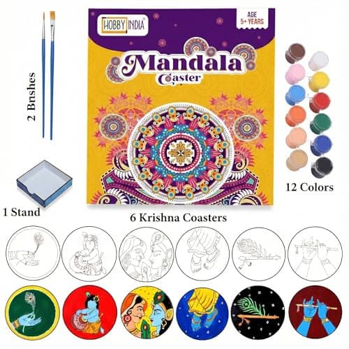 HOBBY INDIA Krishna Mandala Art Kit for Adults and Kids | DIY Tea Coaster Set of 6 with Painting Kit | Unique Art and Craft Kit Gift | Perfect Coaster for Office Desk, Dining Table Kitchen Decoration 2