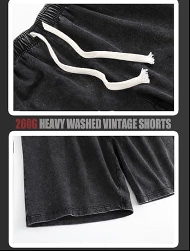 BE SAVAGE Men’s 260 GSM Heavyweight Acid Wash Shorts | Vintage Gym & Summer Shorts | Relaxed Fit Knee-Length with Drawstring (Acide Black, XL) 5
