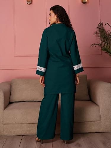 TITTLI Women Pure Cotton Co-Ord Set | Solid Tunic & Trouser Set | Mandarin Collar & V-Neck Tunic with Full Sleeves & Lace | Casual Everyday Wear Set for Women | M | L | XL | XXL 3