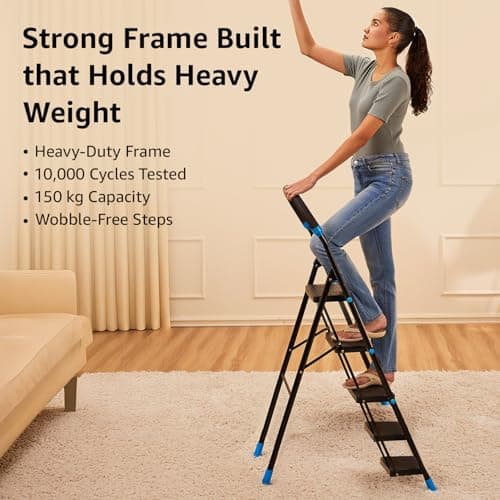 Amazon Basics Curvo-Foldable Step Ladder, Ribbed Steps, Knee Guard, Non-Marring PVC Shoes, 5 Steps (Black & Blue) 5
