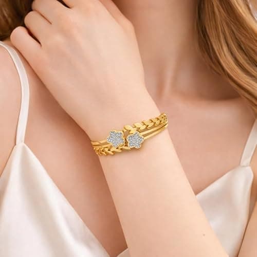Bracelet for Women Gold Tone, Stylish Crystal Flower Kada for Girls, Designer Leaf Pattern Bangle Free Size with Push Lock, Party Style, Everyday Wear Jewelry Gift for Wife and Girlfriend 2