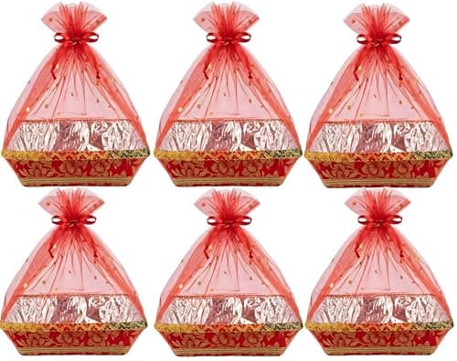 LIELA Decorative Gift Basket, Red with Gold Floral Design, Square, 20x30 cm, Set of 6 for Diwali, Rakhi, Wedding, Navratri, pooja etc. pack variety of items and make premium gift hamper