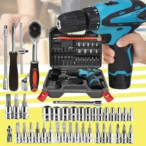 Galaxe Torque Portable Cordless Drill Set Wireless Impact Drills 12V Rechargeable Screwdriver Kits with Hand Tool Kit Socket Set For Repair (GLX12V46SS7, 74pcs tool kit)