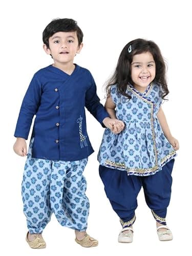 BownBee Kids Ethnic Wear Sibling Set of Cotton Full Sleeve Embroidered & Printed Dhoti Kurta & Halfsleeve Top & Dhoti Set for Baby Boys & Girls (Blue, Boys 3-6M, Girls 4-5Y)