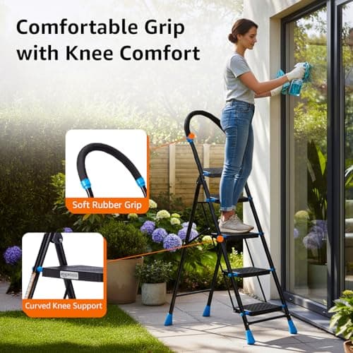 Amazon Basics Curvo-Foldable Step Ladder, Ribbed Steps, Knee Guard, Non-Marring PVC Shoes, 5 Steps (Black & Blue) 4