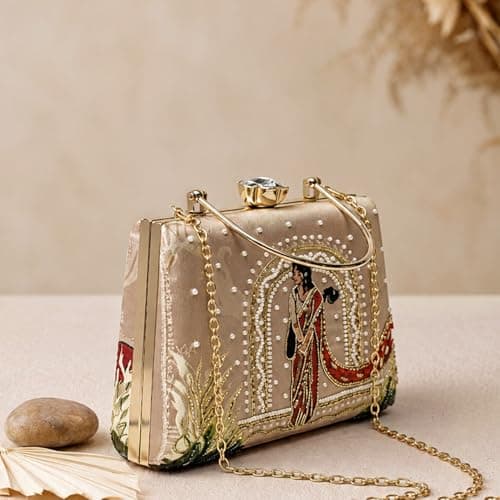 Artklim Beige Traditional Art Embroidered Clutches for Women | Wedding Clutch Stylish | Hand Clutches | Bridal Occasion Bag with Detachable Strap and Handle 5