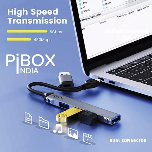 USB C Hub multiport, PiBOX India USB C and 3.0 to USB Adapter Multiport, USB C and USB 3.0 to USB A 4 Port Hub, USB-C to USB Hub 3.0, USB Hub 2.0, for MacBook Pro, USB Splitter Aluminum, Color Gray 4