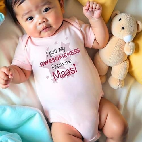 KNITROOT Maasi Family Special Onesies, Unisex Baby Kids Cotton Lycra Envelope Neck Half Sleeve Pink Romper, Bodysuit, Sleepsuit, I Got My Awesomeness From My Maasi, 0-3 Months for Boys & Girls 2