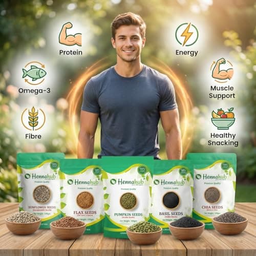 Chia Seeds Flax Seeds Pumpkin Seeds Sunflower Seeds Sabja Seeds Combo for Weight Loss | 5-in-1 Super Seeds Mix | 100g Each 500g Total | Omega-3 Protein Fibre Rich Superfood | Healthy Snack | Hennahub 4