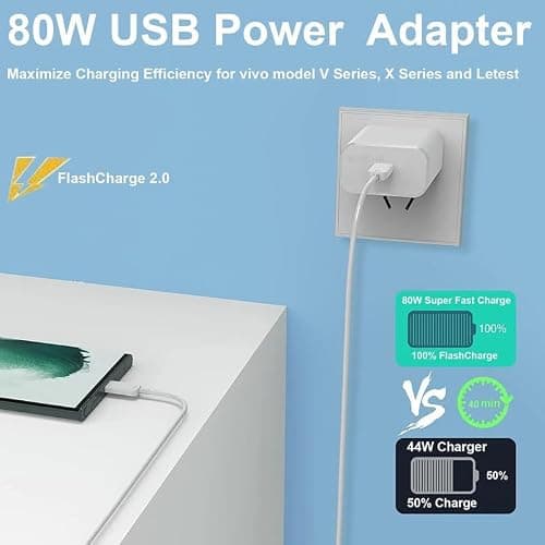 Vivo 80w Original Flash Charger USB-A Adapter Compatible with Vivo V25 5G/V23 5G/V23 E 5G/V23PRO 5G/Y35/Y75/Y73/V25/V23/V325E/V21/V21 PRO/V20 PRO/V20/V19/ T180w/IQOO Z6/Z6 LITE 5G 3