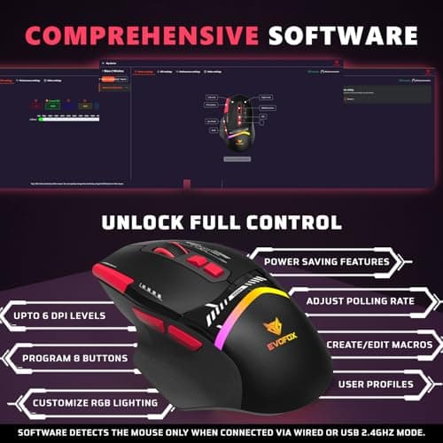 EvoFox Phantom Air Wireless Gaming Mouse Tri-Mode Rechargeable, 12,800 DPI, 1000Hz Polling Rate, Ultra-Lightweight 69g Design, RGB Lighting, 6 Programmable Buttons, Software Support 5
