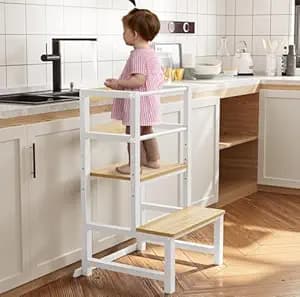 69111 Kitchen Safety Step Stool for Toddlers, Height Adjustable Toddler Tower with Safety Rail, Steel and Wood Toddler Helper Kids, Kitchen Stool for Kids, Toddler Safety Stool - White