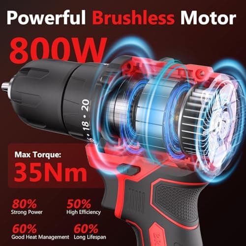 Enon Cordless 20V Brushless Drill/Driver for Home Use, 1450RPM, 45NM Torque, Keyless Chuck 13mm, 2 Speed Modes, 3 Function Gearbox, 2x1.5Ah Batteries, 71 Pcs Drill Kit, 6 Months Warranty (XE-BL2012) 4