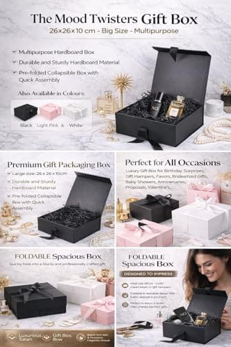 The Mood Twisters Gift Box (26 x 26 x 10 cm) Foldable Box with Ribbon | Gift Boxes for Packaging | Decorative Empty Box with Ribbon | Multipurpose Hardboard Occasion Gifting for Gift Hampers - Black 6