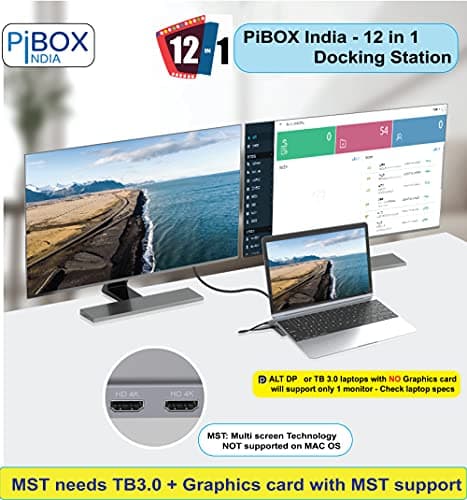 PiBOX India, 12 in 1 USB-C Docking station MST Heat Vents 2*HDMI 4K, 2*USB-C, 4*USB 3.0, Gigabit port, SD/TF Card Readers and 3.5mm Audio for MacBook/Pro/Air, iPad Pro, Laptops, Mobile Phones(Platinum 5