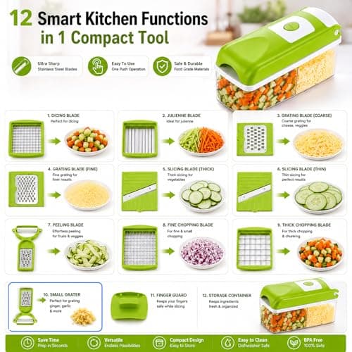 12 in 1 Multipurpose Vegetable Chopper for Kitchen | Vegetable & Fruit Cutter Slicer Dicer | Onion Cutter, French Fries Cutter, Grater & Peeler | Stainless Steel Blade | Easy Push Clean-Blue 2