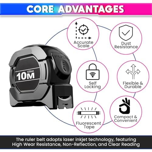 Geek Lab 10 Meter Measuring Tape with Auto-Locking and Retracting Feature, Heavy Duty Unbreakable ABS Case with Belt Clip- One-Man Operation, Measure in Inch & Centimeters. 2