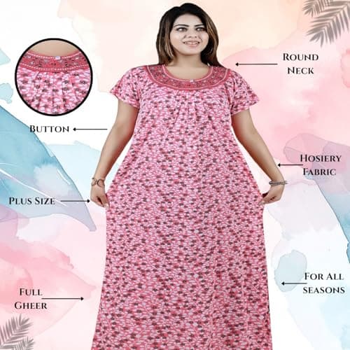 Bejod's Collection Pink Hosiery Nighty Maxi Gown for Women Front Button Open Style | Neckline Embroidery Soft Fabric Full Length Nighty | Plus Size Loose Fit Summer Nightwear L–XXL (Pink, L) 5