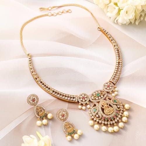 Rubans 22K Gold-Plated Emerald Green, Ruby Pink & White Cubic Zirconia Studded Temple Necklace Set 3