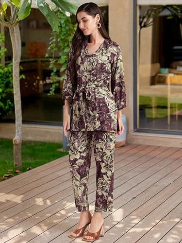 MIRCHI FASHION Women's Relax Fit Rayon Foil Work Floral Printed 2 Piece Kurta Co-Ord Set with Trouser (K10172-Wine, Beige-XL) 3