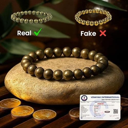 Certified Pyrite Bracelet for Men & Women, 8 mm Round Beads, Natural Pyrite Stone for Wealth, Confidence & Positive Energy, Reiki Charged Stretchable Jewellery 2