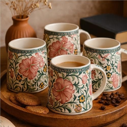 KITTENS Ceramic Coffee Mug Set of 4 (300 ml) – Microwave & Dishwasher Safe | Aesthetic Floral Coffee Cups | Modern Designer Mug Set | Gift Set for Home & Office (Magenta Floral)