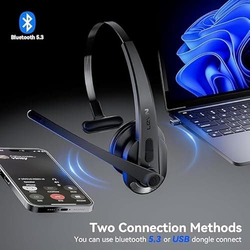 LEVN Wireless Headset with Mic for Work,Bluetooth Headset with Microphone-AI Noise Cancelling,Single-Ear Wireless Headphones with Mic,Mute Button&USB Dongle for PC/Computer/Call Center/Laptop/Teams 3