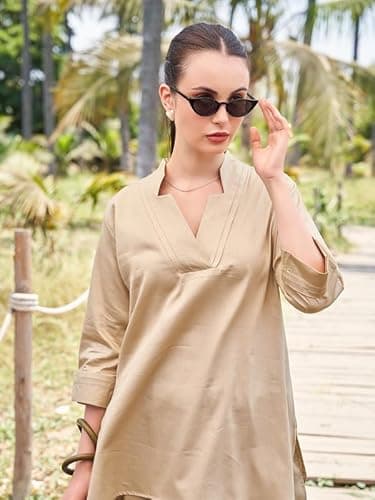 TITTLI Cotton Silk Co-Ord Set for Women | V-Neck Tunic with Three-Quarter Sleeves, Side Slits & Relaxed Fit Trousers | Office & Casual Wear Outfit | L, XL, XXL, 3XL 2