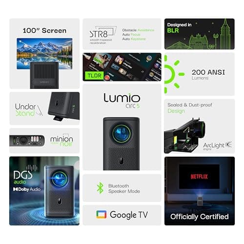 Lumio Arc 5 Portable Home Projector | Official Google TV with Netflix | Native 1080p Full HD | 4K Support | 200 ANSI Lumens | Auto Keystone | Dolby Audio | Sealed Light Engine | Bluetooth Speaker 2