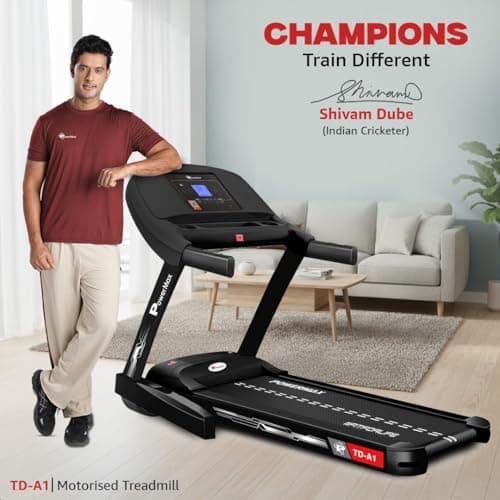 PowerMax Fitness TD-A1 6HP Motorised Foldable Treadmill for Home User Wt. 120kg 15 Lvl Auto-Incline Running Machine for pro-workout, Top Speed 14 km/ph, Speaker, Aux, LCD Display, Bluetooth for app 2