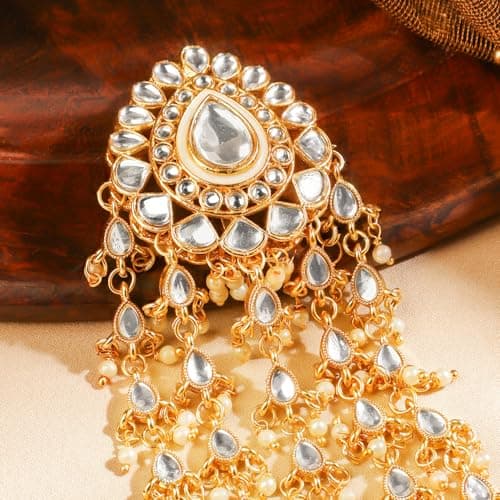Rubans 18K Gold-Plated Kundan & Pearl Beads Studded Teardrop Motif Multilayer Hair Accessory for Women & Girls – Perfect for Bridal & Festive Looks 4