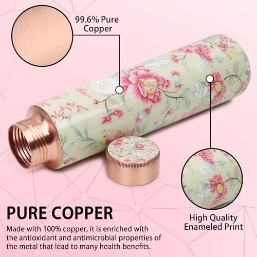 MERCAPE® - 100% Pure Joint Less Copper Bottles for Water with Leak Proof Lid | Ayurveda BPA Free & Non Toxic | Ayurvedic Office | Flower Print Bottle | Hiking Treking Bottle - 900ml 3