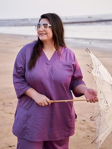 TITTLI Plus Size Cotton Silk Co-Ord Set for Women | Tunic and Trouser Set V-Neck and 3/4 Sleeve| Elasticated Waist 2 Pockets Casual Wear and Everyday wear Outfit |3XL to 8XL 2