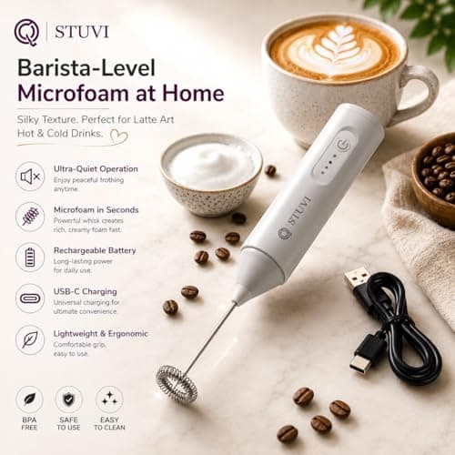 STUVI Coffee Frother Electric Rechargeable, Handheld Milk Frother for Coffee, Latte, Cappuccino & Hot Chocolate, USB Rechargeable Coffee Maker Machine with Dual Spring Stainless Steel Whisk 3