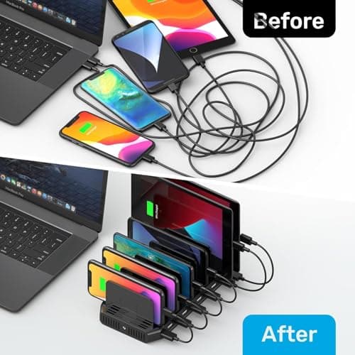 WISTAR 60W Charging Station for Multiple Devices, Zobirez 10-Port USB C Fast Charger Stations for MacBook, iPhone, Android Cell Phone, iPad, Tablet, Family Multi-Device Organizer Charging Dock, Black 4