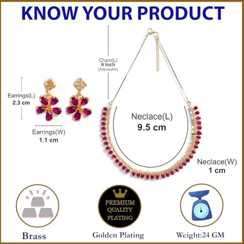 ZENEME Gold Plated American Diamond Necklace with Earrings Jewellery for Women & Girls (Purple) 5