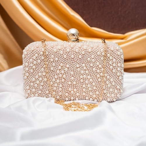 Artklim Ivory Pearl Beaded Bridal Clutch for Women - Elegant Wedding & Party Evening Purse with Detachable Chain Strap - Beaded & Embellished Handbag for Festive and Bridal Wear 2