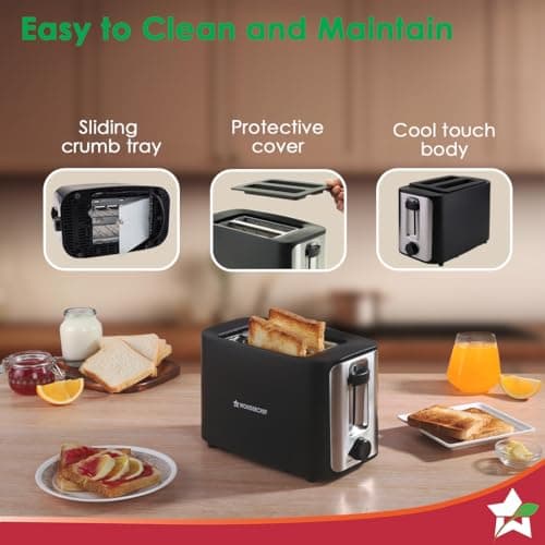Wonderchef Roma 2-Slice Pop-up Toaster with Lid Cover, 6 Browning Options for Golden Crispy Bread Toasts, Mid-Cycle Cancel Function, Crumb Tray, 2-Yr Warranty, Black, Automatic Electric Toaster 4