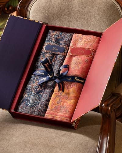 Pashtush His And Her Set Of Jamawar Stole and Shawl, Premium Gift Box Packaging, Navy Blue and Peach 2